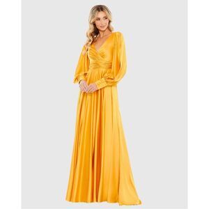 Mac Duggal Yellow Split Bishop Sleeve Wrap Over Flowy Gown size 20